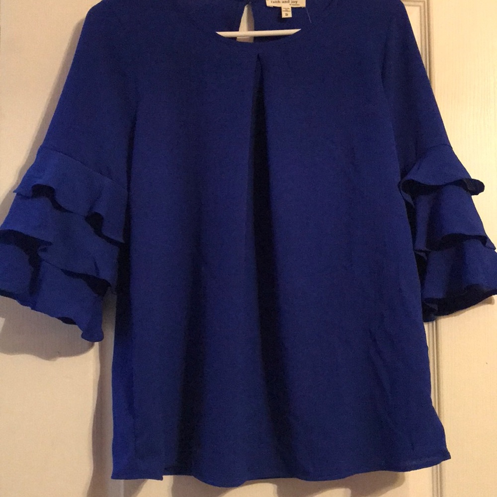 NWO Blue Ruffle Shoulder Blouse